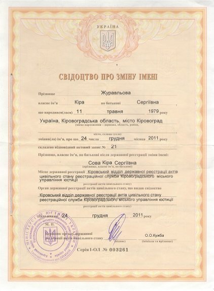 Бланк свидетельства о смене имени